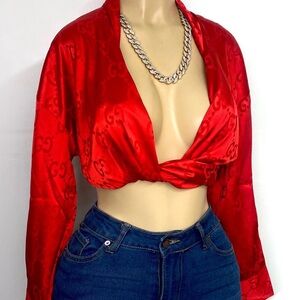 Red Long Sleeve Tie Front Crop Blouse